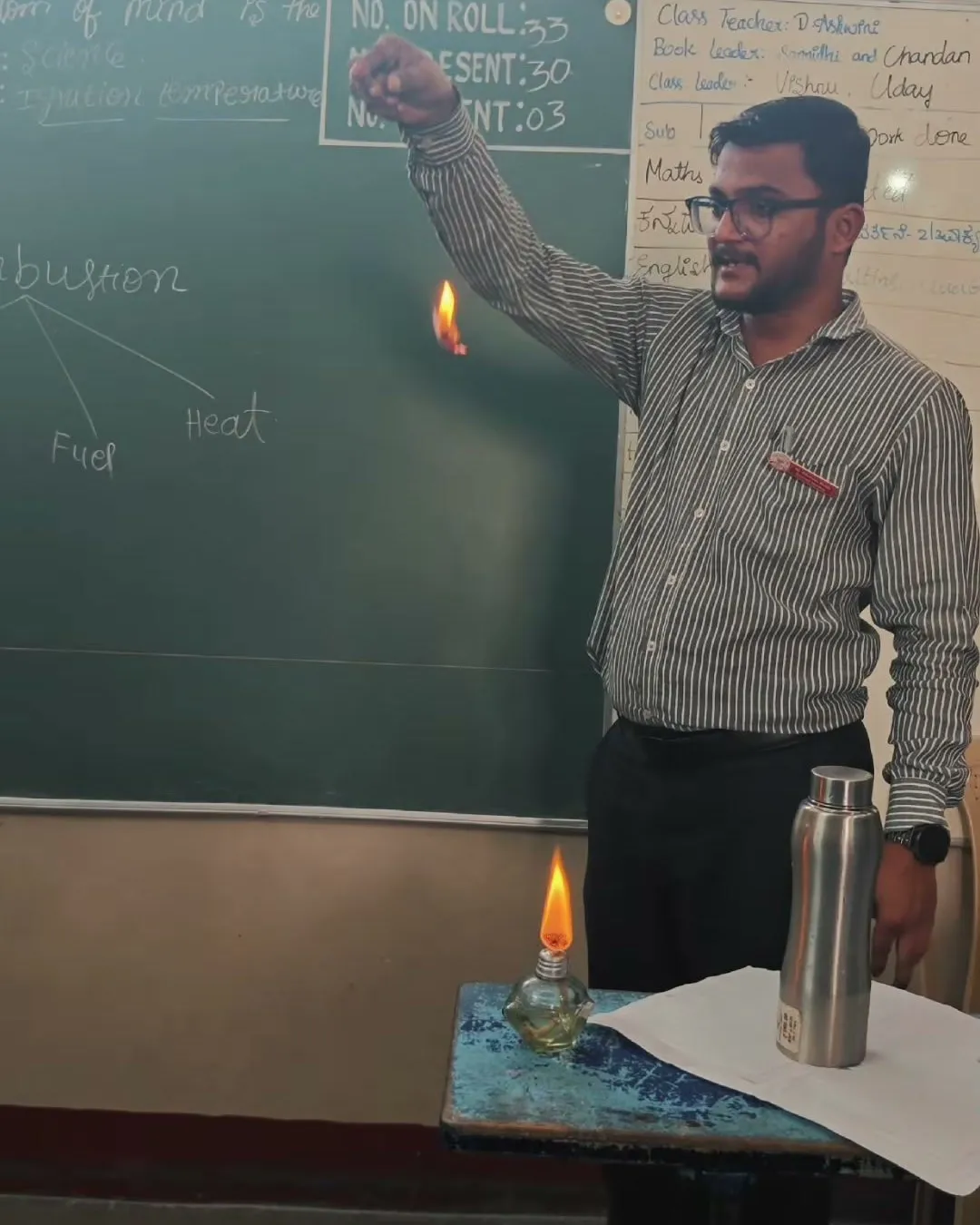 A teacher at the blackboard beside a small lit lamp, with a diagram labelled combustion, oxygen, fuel and heat
